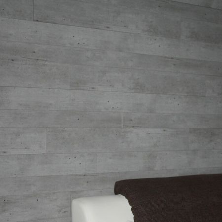 Graue Wandverkleidung in Betonoptik neben einem Sofa
